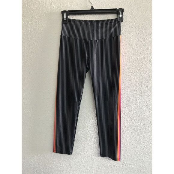 Goldsheep Women Black Striped Crop High Waist Leggings XS Rainbow  Stretch USA - Picture 3 of 7